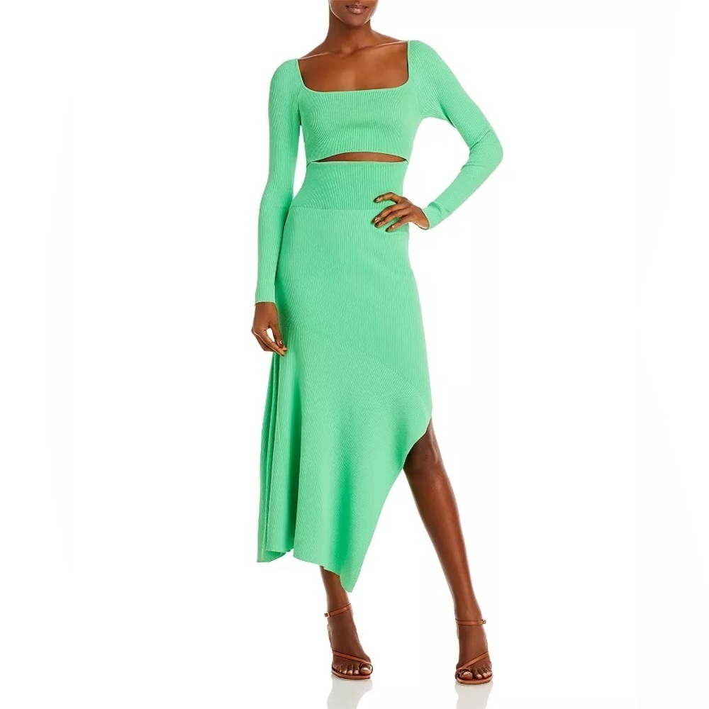 $595 A.L.C. Clara Ribbed Long Sleeve Asymmetric Neon Green Dress Medium